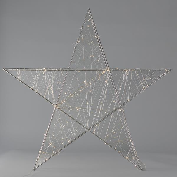 ESTRELLA ILUMINADA 50 cm, 160 LED, ADAPTADOR DE 4,5 V, TEMPORIZADOR, ESTRUCTURA DE METAL PLATEADA, CABLE DE COBRE PLATEADO, LED BLANCO CÁLIDO, CABLE DE 5 m, IP44