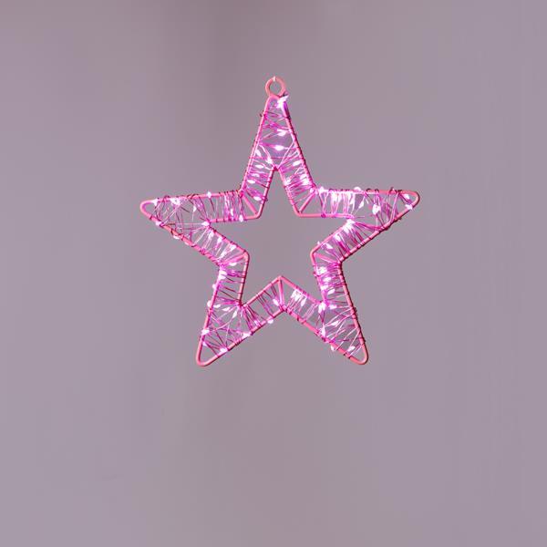 ESTRELLA ILUMINADA 23 cm, 80 MINI LED, ADAPTADOR 4,5 V, MARCO METÁLICO ROSA, CABLE DE COBRE ROSA, MINI LED ROSA, CABLE DE CONDUCCIÓN 5 m, IP44