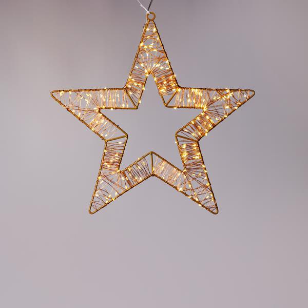 ESTRELLA ILUMINADA DE 35 cm, 200 MINI LED, ADAPTADOR DE 4,5 V, ESTRUCTURA DE METAL BRONCE, CABLE DE COBRE BRONCE, 180 MINI LED BLANCO CÁLIDO Y 20 MINI LED FLASH BLANCO CÁLIDO, CABLE DE 5 m, IP44
