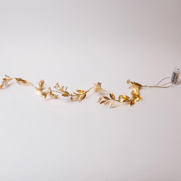 Guirnalda dorada iluminada con capullos de 150 cm, 16 LED blanco cálido, caja de pilas 3xAA, temporizador, cable de 30 cm, IP20