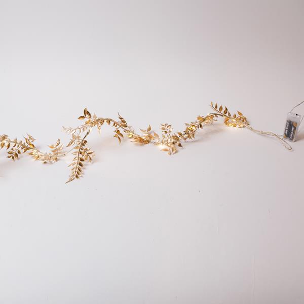 Guirnalda dorada iluminada con hojas anchas de 150 cm, 16 LED blanco cálido, caja de pilas 3xAA, temporizador, cable de 30 cm, IP20