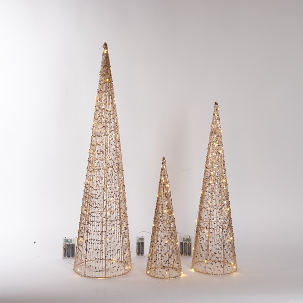 Conos dorados iluminados de 40/60/80 cm, 3 diseños, mini LED 20/30/40, compartimento para pilas 2 x AA/3 x AA, temporizador, cable de cobre plateado, marco de metal dorado, LED blanco cálido, cable de 30 cm, IP44