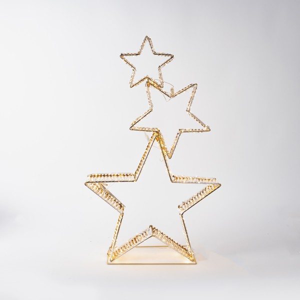 ESTRELLAS DORADAS ILUMINADAS DE 82 cm, 350 MINI LED, ADAPTADOR DE 4,5 V, TEMPORIZADOR, CABLE DE COBRE PLATEADO, ESTRUCTURA DE METAL DORADA, LED BLANCO CÁLIDO, CABLE DE 5 m, IP44