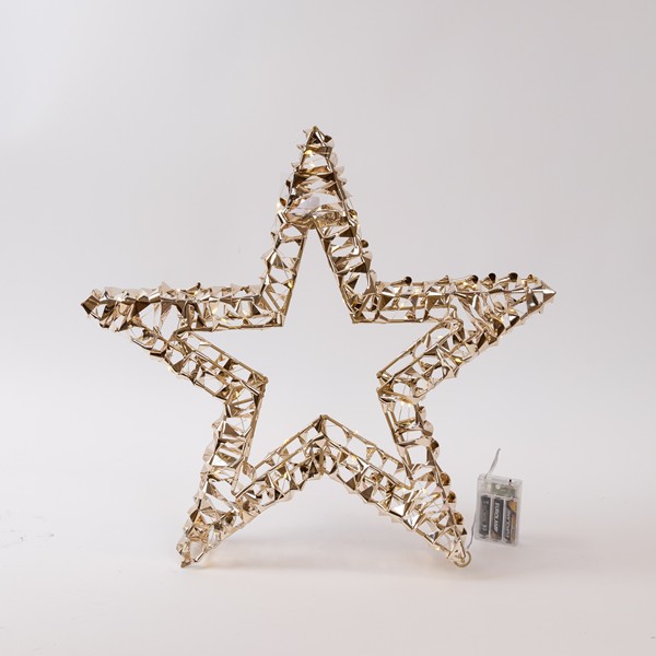 ESTRELLA DORADA ILUMINADA DE 38 cm, 40 LED, 3 PILAS AA, TEMPORIZADOR, CABLE DE COBRE PLATEADO, LED BLANCO CÁLIDO, CABLE DE 30 cm, IP20