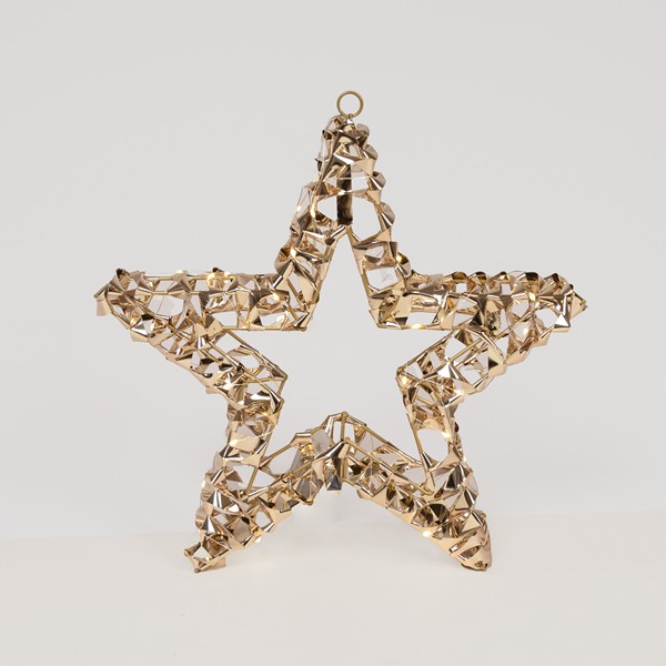 ESTRELLA DORADA ILUMINADA DE 50 cm, 50 LED, PILAS 3XAA, TEMPORIZADOR, CABLE DE COBRE PLATEADO, LED BLANCO CÁLIDO, CABLE DE 30 cm, IP20