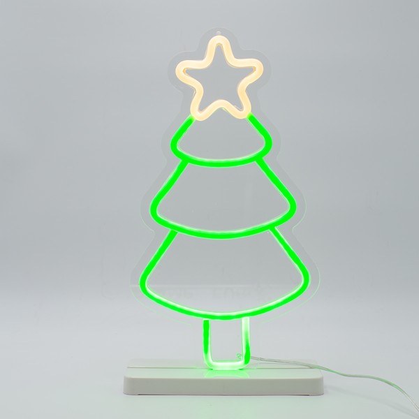 Cuerda luminosa de neón de 19 x 35 cm, adaptador de 4,5 V, con forma de árbol de Navidad, base LED verde y amarillo, cable de 3 m, IP44.