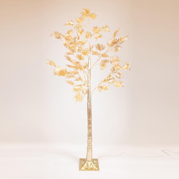 ÁRBOL DORADO CON HOJAS DE PALMA 1,8m, ADAPTADOR 4,5V, 140 MINI LED BLANCO CÁLIDO, CABLE 3m, IP44