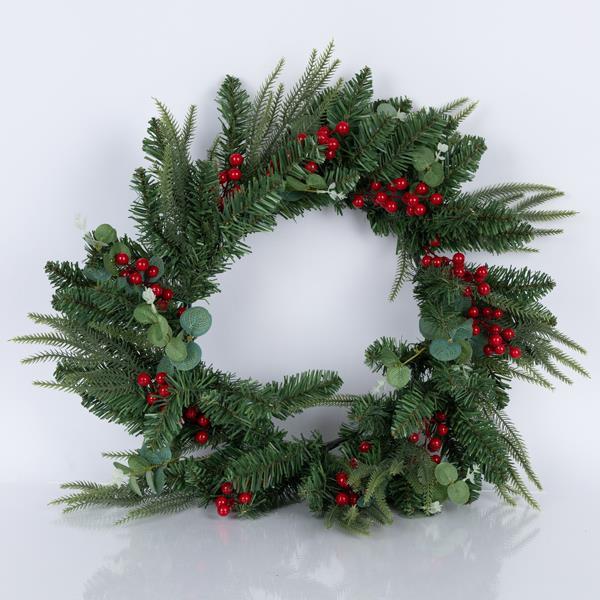 CORONA VERDE CON BAYAS Y HOJAS VERDES, 60 cm