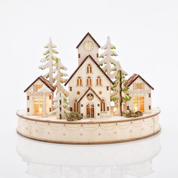 PUEBLO DE MADERA CON 6 LED BLANCO CÁLIDO, FUNCIONA A PILAS, 25x12,5x16,5cm