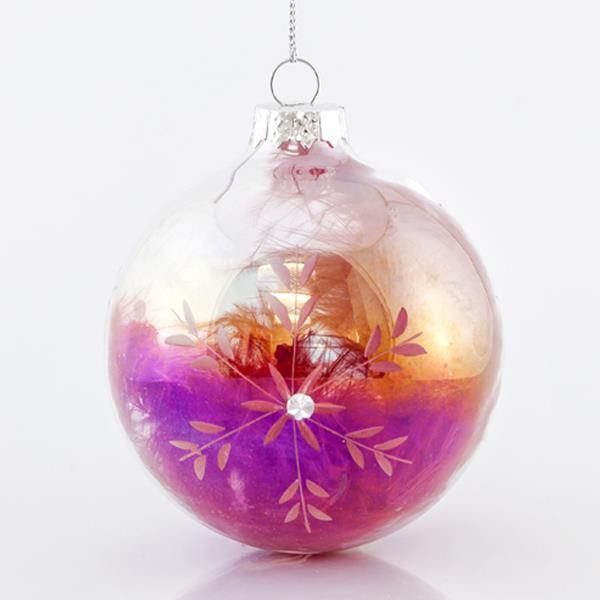 BOLA DE VIDRIO IRIDISCENTE TRANSPARENTE, CON PLUMA ROJA EN EL INTERIOR, SET DE 4 PIEZAS, 8 cm