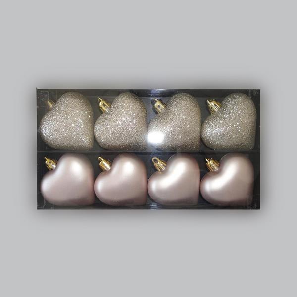 CORAZONES DE PLÁSTICO, SET DE 8 PIEZAS, 4 PIEZAS ROSA MATE, 4 PIEZAS CHAMPÁN BRILLO, 6 cm