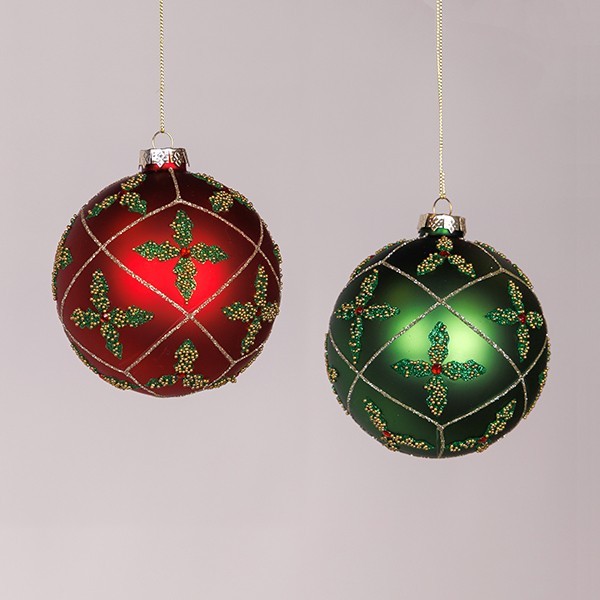 BOLA DE CRISTAL, VERDE Y ROJA CON DISEÑO DE FLOR, SET DE 2 PIEZAS, 10 cm