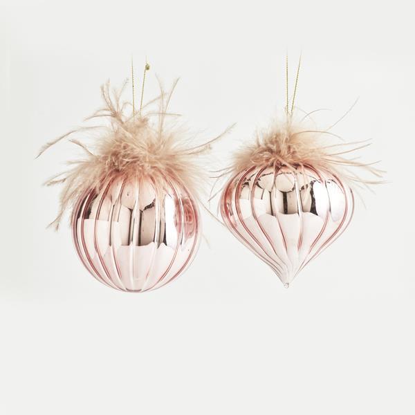 ADORNO DE VIDRIO, ROSA CON PLUMAS, 2 DISEÑOS, SET DE 4 PIEZAS, 10 CM