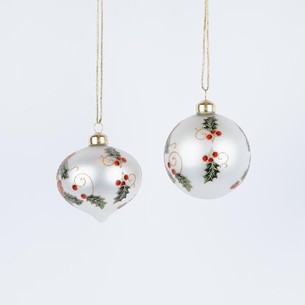 ADORNO DE VIDRIO, CON MUÉRDAGO PINTADO, EN 2 FORMAS, SET DE 4 PIEZAS, 8 cm