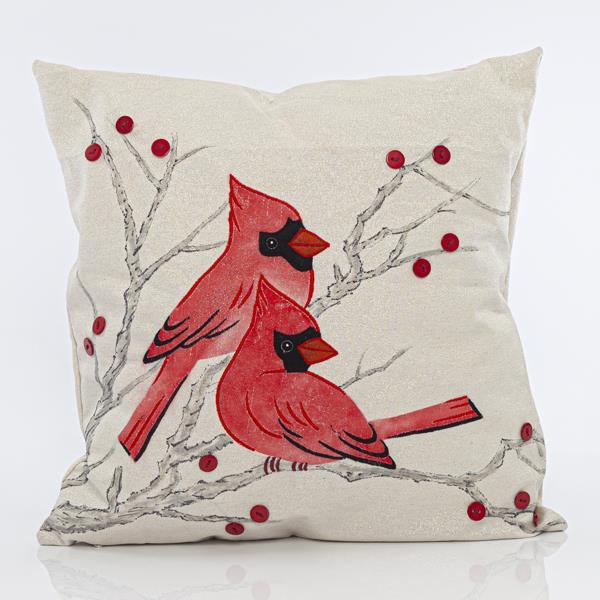 ALMOHADA BLANCA CON PAJARITOS ROJOS, 41x41cm