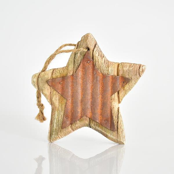 ESTRELLA COLGANTE DE MADERA CON DECORACIÓN DE METAL, 10,5x10,5x1,2cm