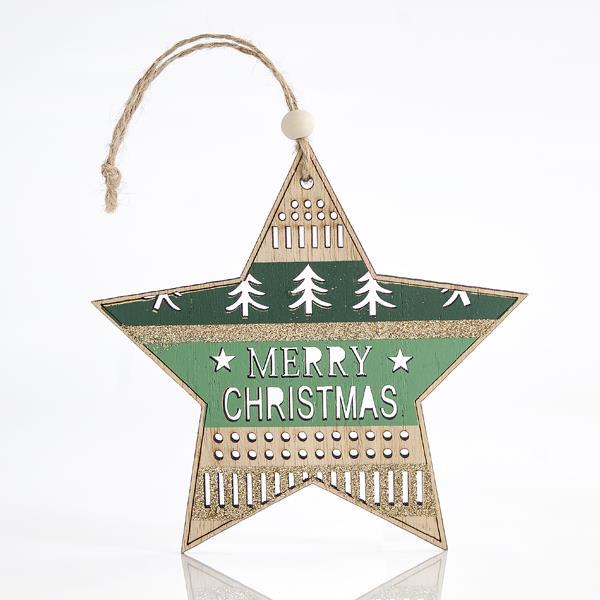 ESTRELLA DE MADERA, VERDE MENTA, CON DISEÑOS TALLADOS, 23x0,5x13cm