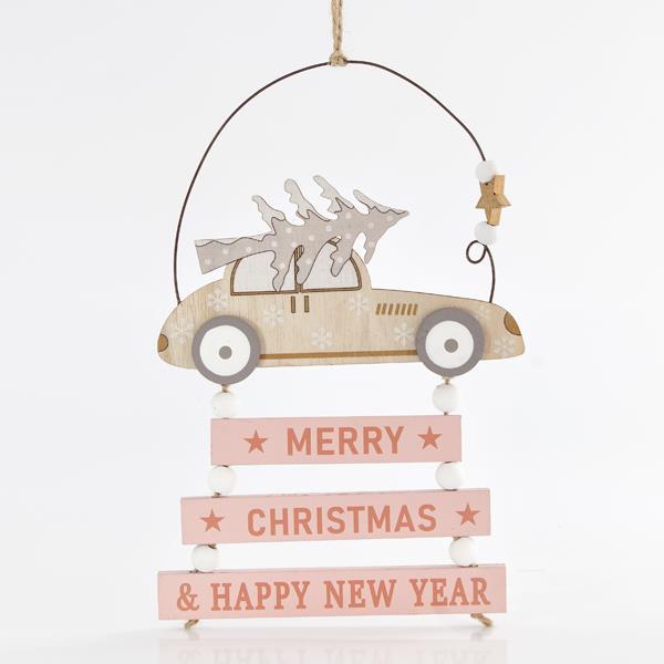 ADORNO COLGANTE DE MADERA, CON COCHE E INSCRIPCIÓN ROSA, 22cm