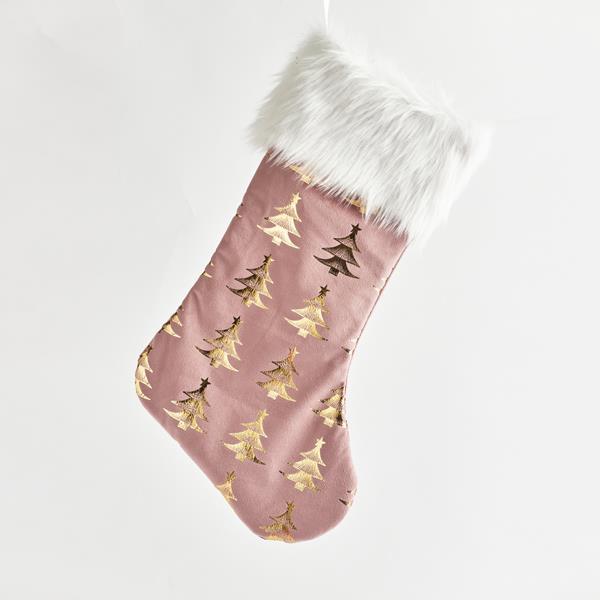 CALCETÍN ROSA CON ÁRBOLES DORADOS, TERCIOPELO, 48 cm