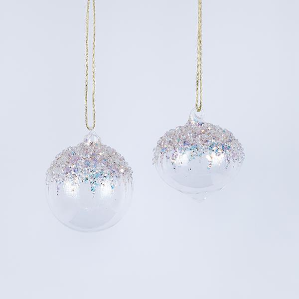BOLA DE VIDRIO, TRANSPARENTE, CON PERLAS TRANSPARENTES, 2 FORMAS, SET 4 UDS., 10cm