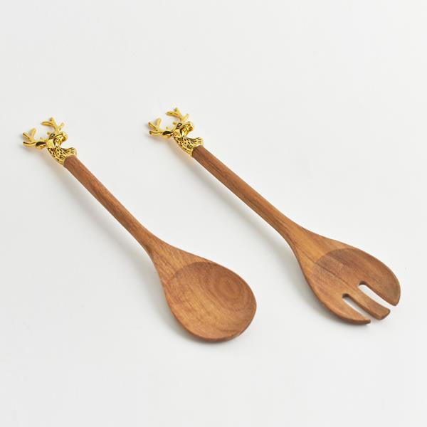 CUCHARA DE MADERA DE ACACIA, CON CIERVO DORADO, JUEGO DE 2 PIEZAS