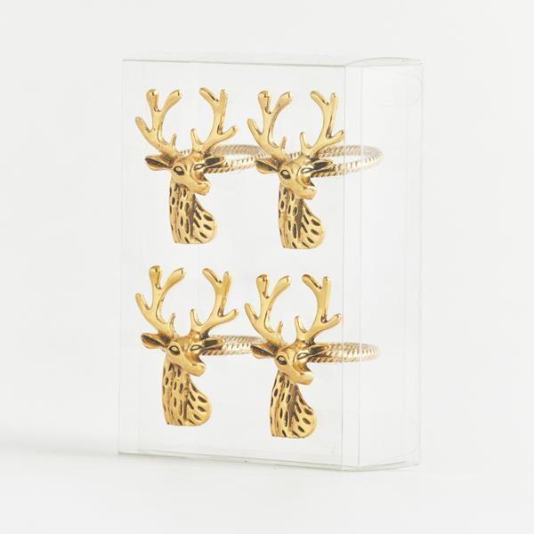 SERVILLETAS DE METAL CON CIERVO DORADO, SET DE 4 PIEZAS