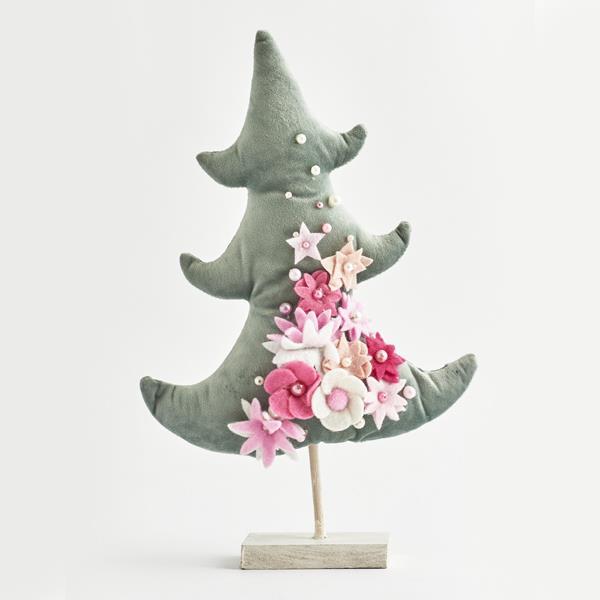 ÁRBOL DE TERCIOPELO, VERDE CON FLORES ROSAS, 22,5x35cm