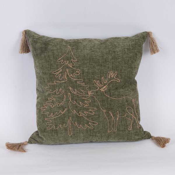 ALMOHADA VERDE OLIVA, CON ÁRBOL DE NAVIDAD Y CIERVO, 45x45cm