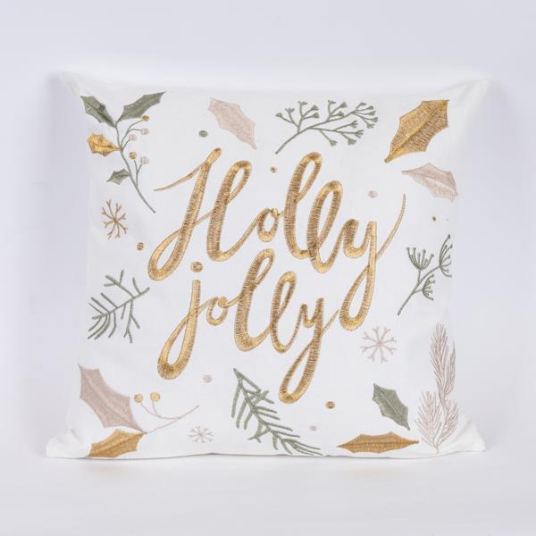ALMOHADA BLANCA, CON LETRERO DORADO HOLLY JOLLY, 45x45cm