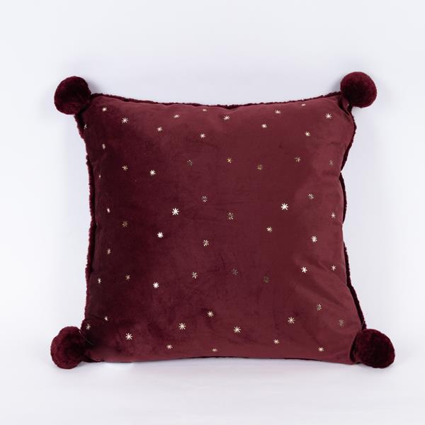 ALMOHADA DE TERCIOPELO BORGOÑA CON ESTRELLAS DORADAS, 45x45cm
