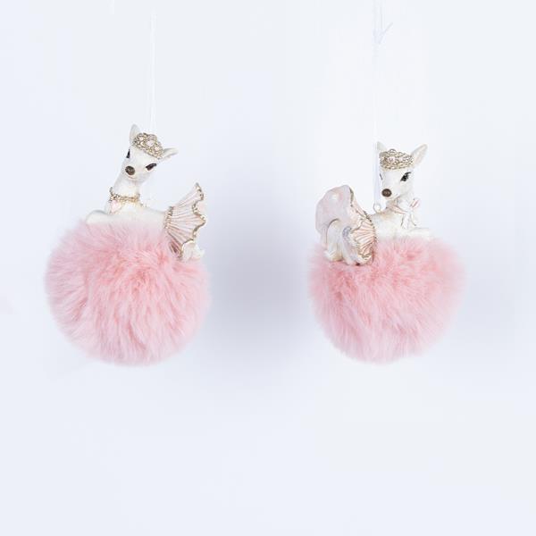 ADORNO COLGANTE DE POLIRESINA, RENO EN PON PON ROSA, 2 DISEÑOS, 6x11cm