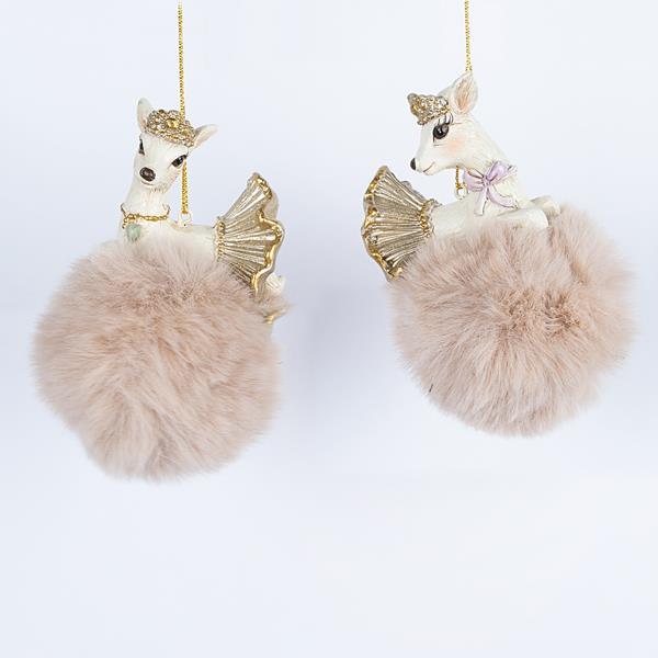 ADORNO COLGANTE DE POLIRESINA, RENO EN PON PON DE CHAMPÁN, 2 DISEÑOS, 6x11cm