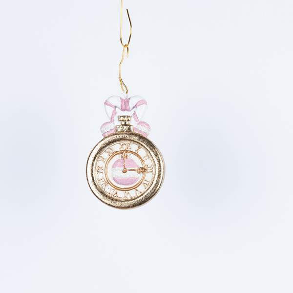 ADORNO COLGANTE DE POLIRESINA, RELOJ CON CARAMELO, DORADO, 5x6,5cm