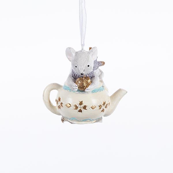 TETERA DECORATIVA DE POLIRESINA CON RATÓN, BLANCA, 4,5x6cm