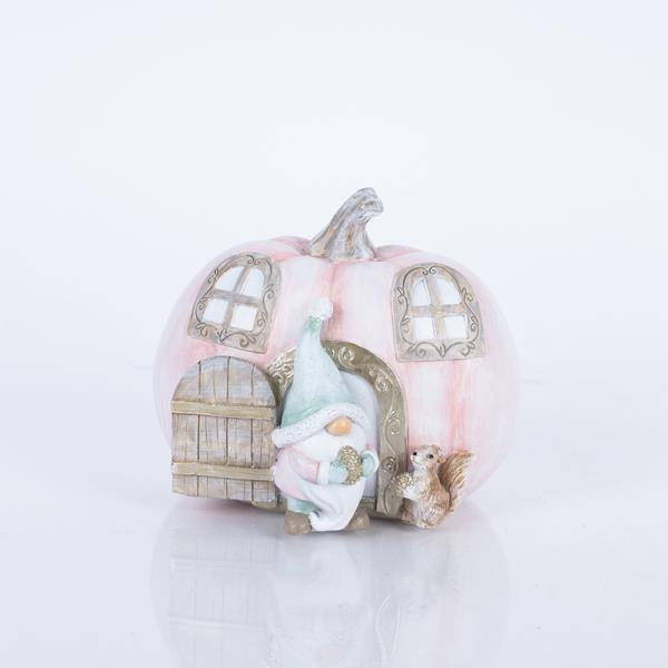 CALABAZA DECORATIVA DE POLIRESINA CON DUENDE, ROSA, 12,5x15x13cm