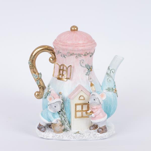 TETERA DE POLIRESINA, ROSA CON RATONES, 11,5x14,5x15,5cm