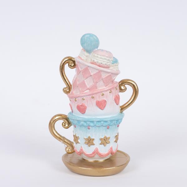 TAZAS DE TÉ DECORATIVAS DE POLIRESINA CON MACARONS, ROSA, 9x11,5x18cm