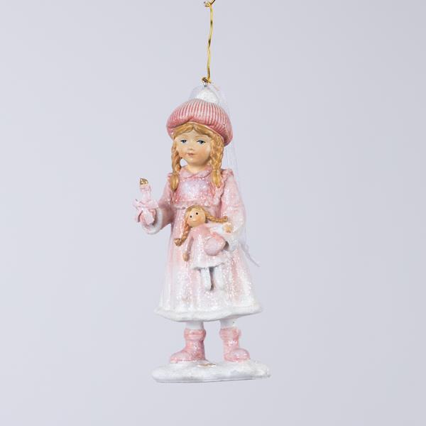 ADORNO COLGANTE DE POLIRESINA, NIÑA CON MUÑECA, 5x5x12,5cm