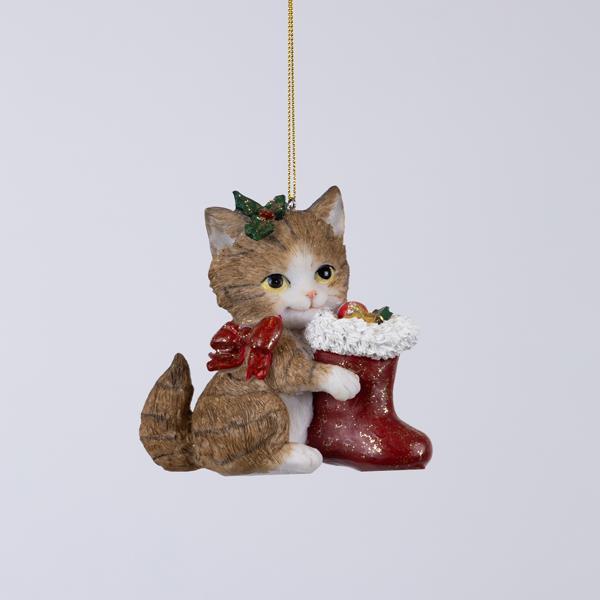 ADORNO COLGANTE DE POLIRESINA, GATITO CON LAZO ROJO, 10,5x5,5x10,5cm