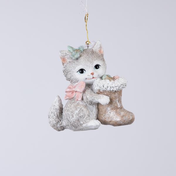 ADORNO COLGANTE DE POLIRESINA, GATITO CON LAZO ROSA, 10,5x5,5x10,5cm