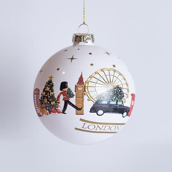 BOLA DE CRISTAL, BLANCA CON DISEÑO DE ESCENA LONDRES, 4 PIEZAS, 10 cm