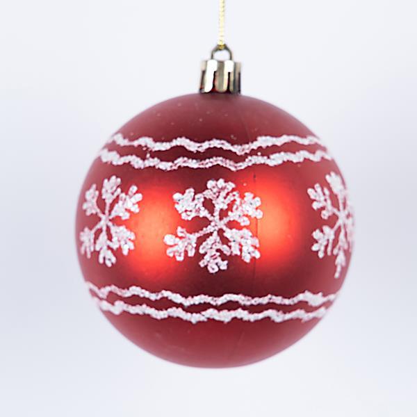 BOLAS DE PLÁSTICO ROJAS CON COPOS DE NIEVE BLANCOS, JUEGO DE 6 UNIDADES, 8 CM (TOP 120)