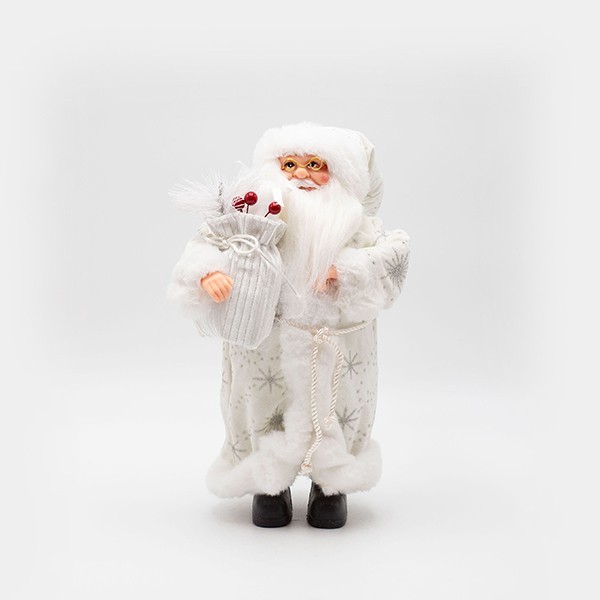 PAPÁ NOEL CON PAÑOS DE PIEL BLANCA Y SACO CON BAYAS, 30CM