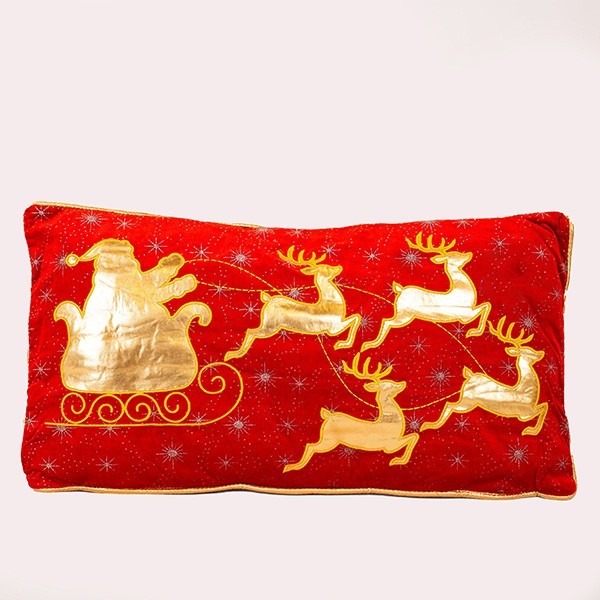 ALMOHADA ROJA CON ESCENA DORADA TRINEO Y PAPÁ NOEL, 33CM