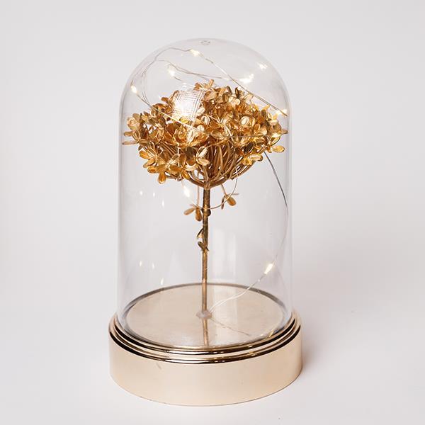 CÚPULA DE PLÁSTICO H20CM, Φ11CM, CAJA DE PILAS 3XAA, TEMPORIZADOR, 10 LED BLANCO CÁLIDO, ALAMBRE DE COBRE PLATEADO, HORTENSIA FLOR DORADA, IP20