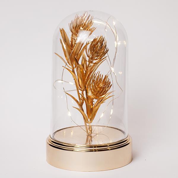 CÚPULA DE PLÁSTICO H20CM, Φ11CM, CAJA DE PILAS 3XAA, TEMPORIZADOR, 10 LED BLANCO CÁLIDO, ALAMBRE DE COBRE PLATEADO, FLOR DORADA CON HOJAS, IP20