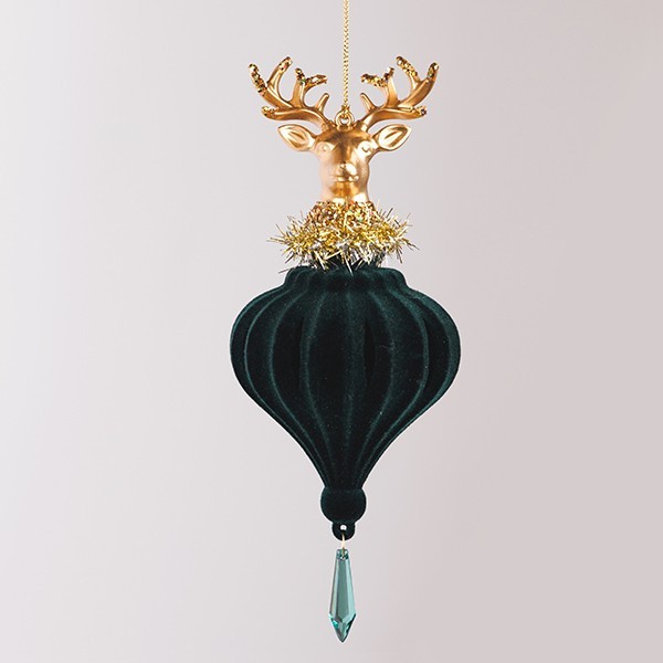 ADORNO COLGANTE, TERCIOPELO, VERDE ESMERALDA CON CIERVO DORADO, 19,56 CM