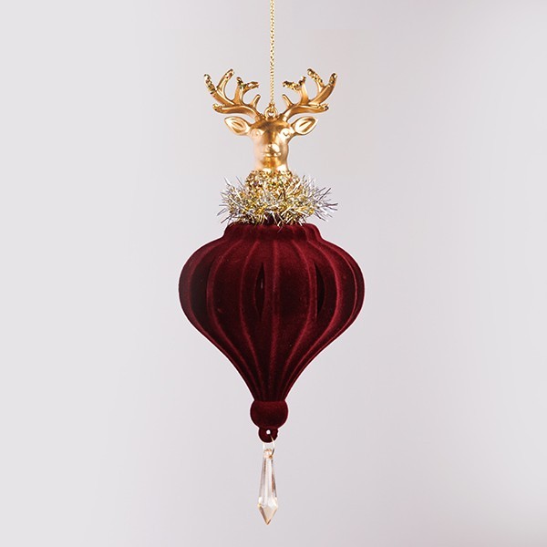 ADORNO COLGANTE, TERCIOPELO, BORGOÑA CON CIERVO DORADO, 19,56 CM