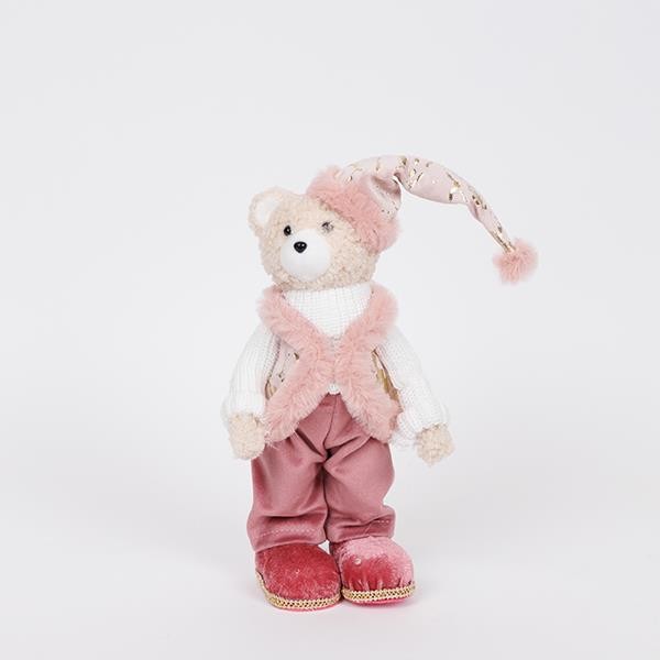 OSO DE PELUCHE CON ROPA ROSA BORGOÑA Y SOMBRERO, 24 CM