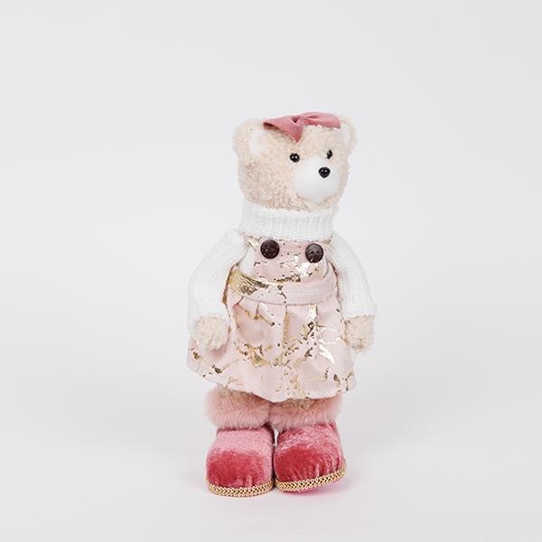 OSO DE PELUCHE CON ROPA ROSA BORGOÑA Y LAZO, 23CM